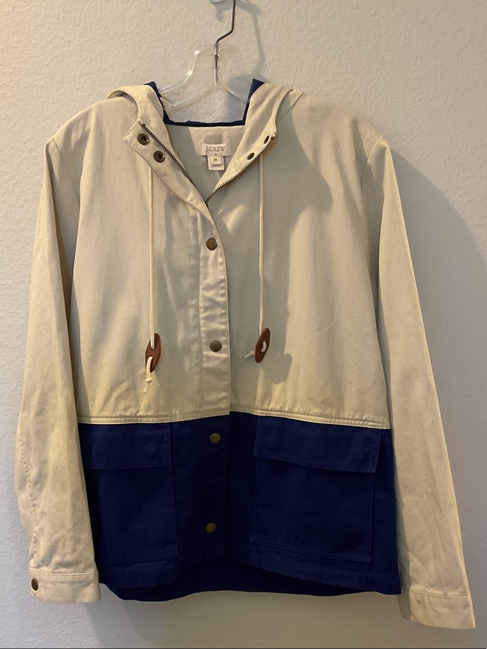 J. Crew Two-Tone Utility Hooded Jacket - Cream and Navy Blue size M